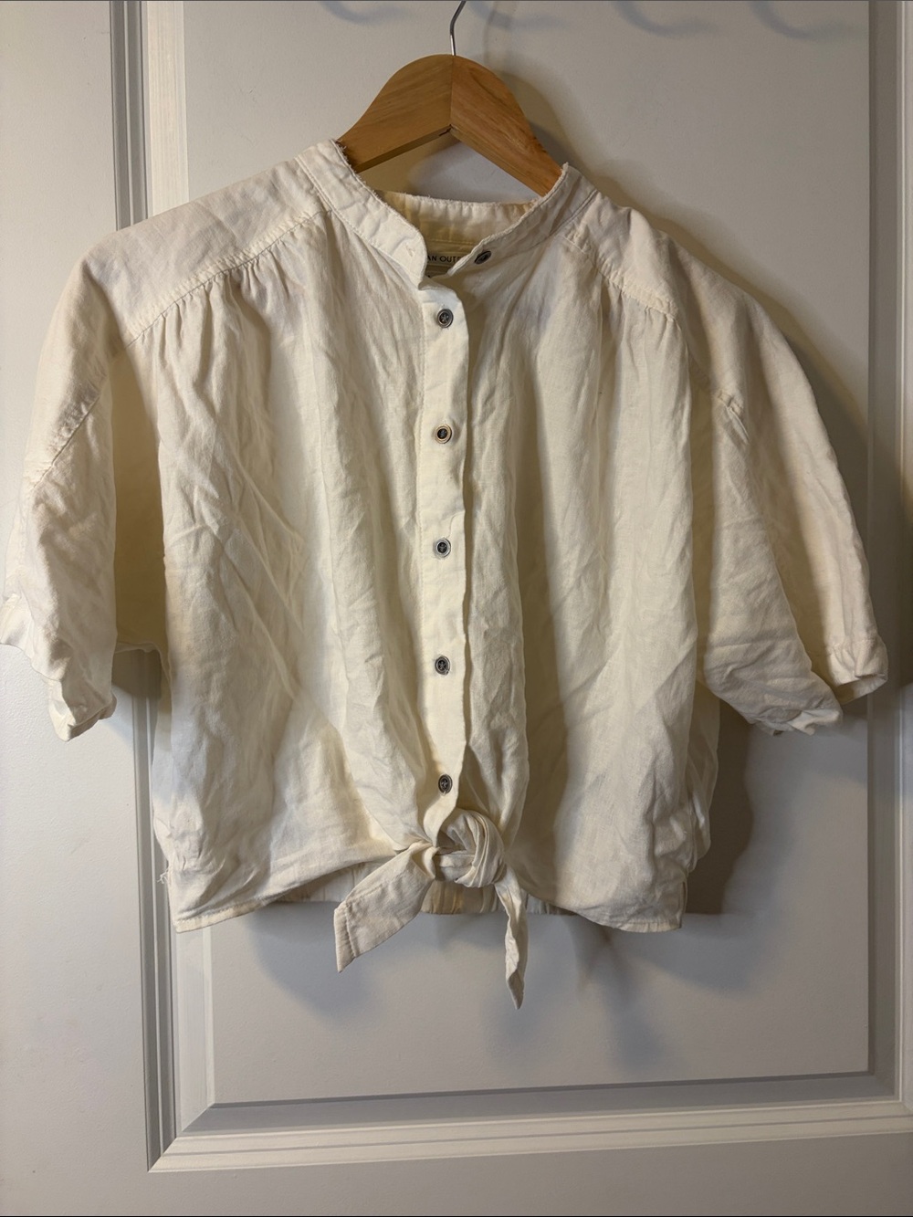 Urban Outfitters Cream Tie-Front Short Sleeve Button-Down